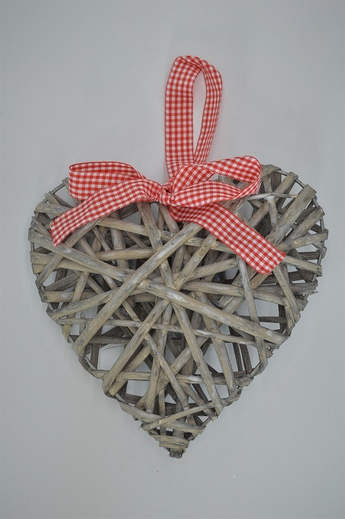 88194 -  Scandi style willow hanging heart decoration with a red gingham ribbon bow - Natural