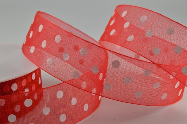 55001 - 25mm Red Organza Spotted Dot Ribbon (20 Metres)