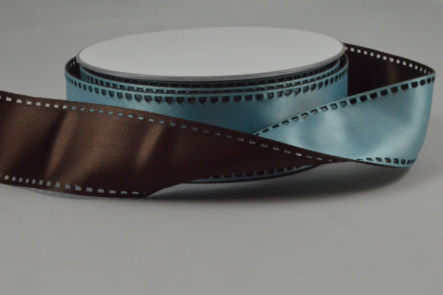Y64 - 35mm Wired Brown & Baby Blue 50/50 Filmstrip Ribbon x 10 Metre Rolls!