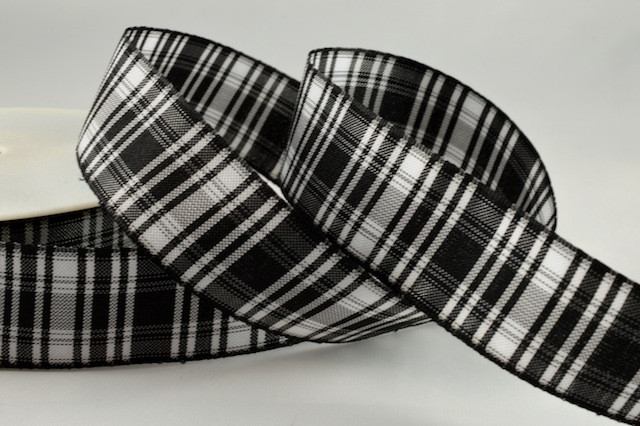 Y811 - 12mm Tartan Ribbon-12mm-423 Black & White-25 Metres