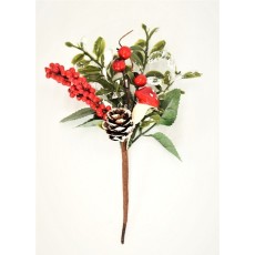 22095 - A lovely arrangement of frosted leaves, bright red berries and toadstools and pine cones deco pick.  Size :  Height 150mm  x  Width  100mm