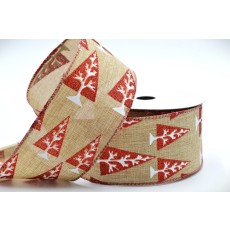 46091 - 63mm Wide woven wired edge Natural Glittery Christmas Tree design in Red and White x 10mts