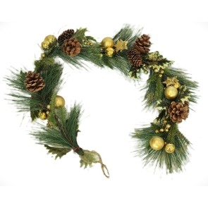 22004 - Gold Christmas Garland with Pine Cones, Holly & Baubles