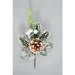 22013 - Snow Covered Pine Cone & Leaves Christmas Pick. Measures - 14cm Height x 10cm Width.