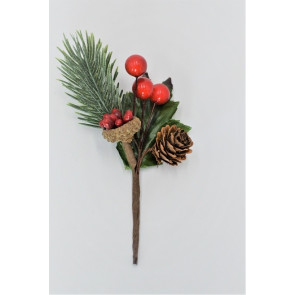 22015 - Holly, Red Berries & Pine Cone Christmas Pick. Measures - 10cm Height x 9cm Width