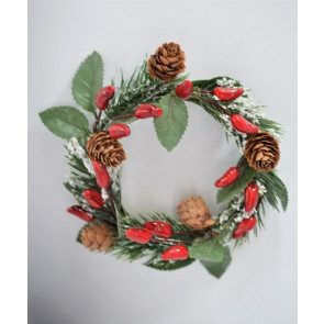 22027 - Snowy Holly Leaf & Pine Cone Wreath. Measures 13cm in diameter.