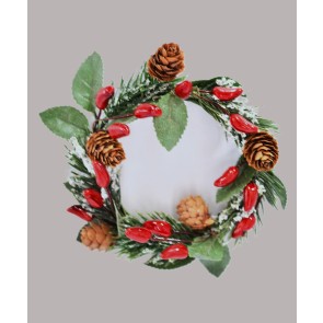 22027 - Snowy Holly Leaf & Pine Cone Wreath. Measures 13cm in diameter.