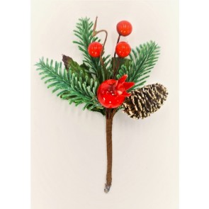 22032 - Triple Leafed Holly & Pine Cone Christmas Pick. Measures - 13cm Height x 10cm Width.