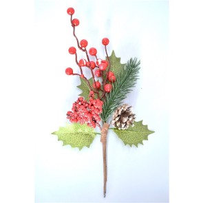22040 - Bright green leaves with a frosted berry and cone display deco pick. Height 280mm  x  Width  140mm