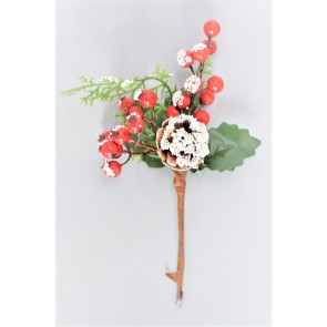 22043 - Dotted Snow Berries & Pine Cones Christmas Pick. Measures - 25cm Height x 11cm Width.