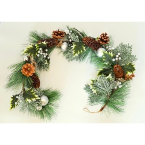 22049 - Silver Snow Christmas Pine Cones, Chestnuts & Baubles Garland. Length Apx 1m