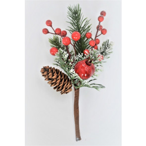 22057 - Traditional Pine cone and berries with a hint of snow - festive floral pick.  Measures  Height 210mm  ,   Width  120mm 