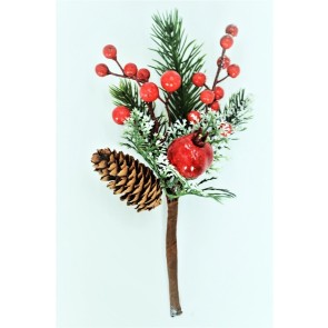 22057 - Traditional Pine cone and berries with a hint of snow - festive floral pick.  Measures  Height 210mm  ,   Width  120mm 