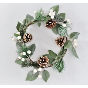 22058 - Wintery Christmas Wreath with pine needles and cones and white baubles with hints of sparkle.  Measures  280mm diameter