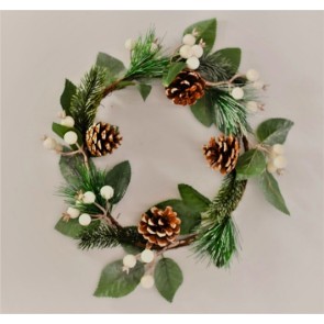 22058 - Wintery Christmas Wreath with pine needles and cones and white baubles with hints of sparkle.  Measures  280mm diameter