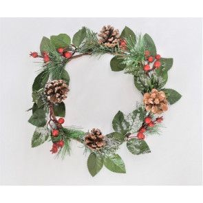 22059 - Festive Christmas Wreath with bright red berries, snow dusted leaves and pine cones.   Measures  300mm diameter