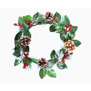 22059 - Festive Christmas Wreath with bright red berries, snow dusted leaves and pine cones.   Measures  300mm diameter