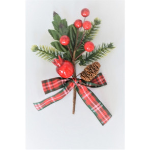 22060 - Berry and Cone festive floral pick with tartan bow.  Measures  Height 130mm  ,   Width  95mm 