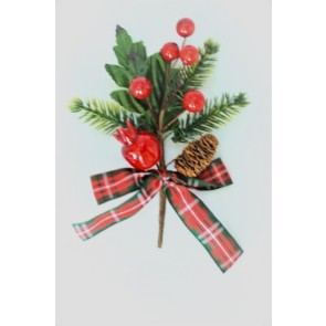 22060 - Berry and Cone festive floral pick with tartan bow.  Measures  Height 130mm  ,   Width  95mm 