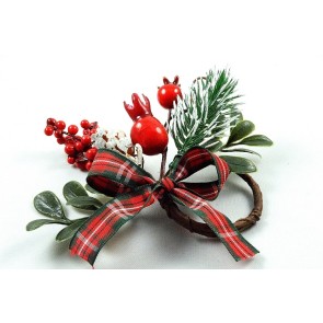 22061 - Christmas candle decoration with frosted pine needles, bright red berries and a lovely tartan bow. Measures  apx 110mm x 100mm