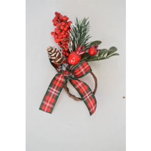 22061 - Christmas candle decoration with frosted pine needles, bright red berries and a lovely tartan bow. Measures  apx 110mm x 100mm
