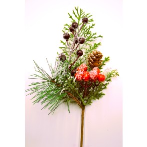 22066 - Winter frosted Pine needles embellished with a pine cone and berries - the perfect festive floral pick.  Measures  Height 300mm ,   Width  140mm