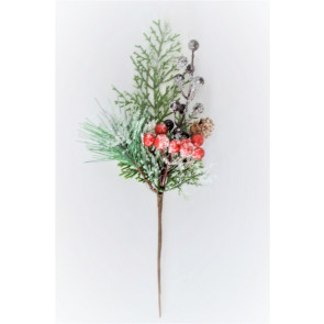 22066 - Winter frosted Pine needles embellished with a pine cone and berries - the perfect festive floral pick.  Measures  Height 300mm ,   Width  140mm 