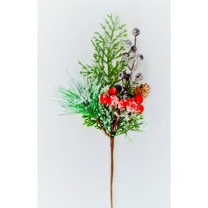 22066 - Winter frosted Pine needles embellished with a pine cone and berries - the perfect festive floral pick.  Measures  Height 300mm ,   Width  140mm 