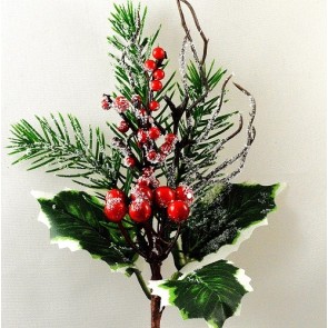22068 - Winter frosted holly , pine needles and berries -  festive floral pick.  Measures  Height 275mm ,   Width  140mm 