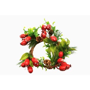 22078 - Wintery wreath. Vibrant green leaves, pine needles and cones with bright red berries floral display.  Size   Approx 230mm Diameter