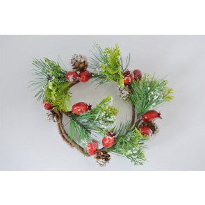 22079 -  Wintery wreath with a display of snowy pine needles, cones and large frosted berries. Floral decoration.  Size   Approx 23cm diameter