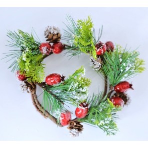 22079 -  Wintery wreath with a display of snowy pine needles, cones and large frosted berries. Floral decoration.  Size   Approx 23cm diameter
