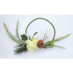 22081 -  Beautiful Cream flower in a wintery wreath with a display of snowy pine needles, cones, berries and green leaves. Floral decoration.  Size   Approx 24cm dia