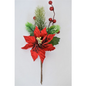 22082 - Green leaves , pine needles and fiery red flowers and berries- floral pick.  Measures  Height 270mm  ,   Width  110mm 