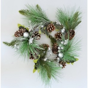 22084 - Small Wintery hanging wreath with frosted pine cones and sparkly baubles.     Approx Size:  30cm Dia