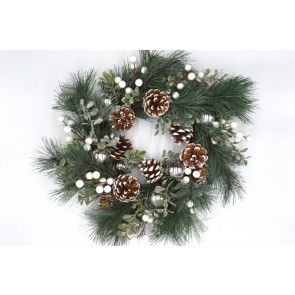 22085 - Large Wintery hanging wreath with frosted pine cones, pine needles , silver baubles and white berries. Approx Size:  45cm Dia