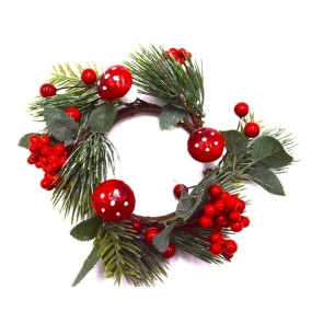22088 - A beautiful candle decoration.  Bright Red berries and toadstools entwined with pine needles making a lovely Christmas display.  Measures approx 160mm  Outer diameter