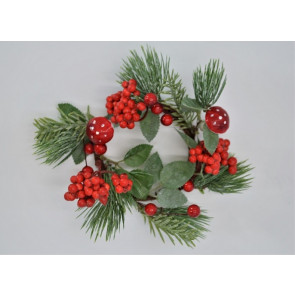 22088 - A beautiful candle decoration.  Bright Red berries and toadstools entwined with pine needles making a lovely Christmas display.  Measures approx 160mm  Outer diameter