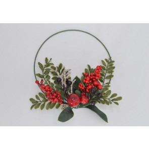 22089 -  Beautiful wintery wreath with lush red berries and green leaves embellished with snowy pine cone and branch.  Size   Approx 24cm dia