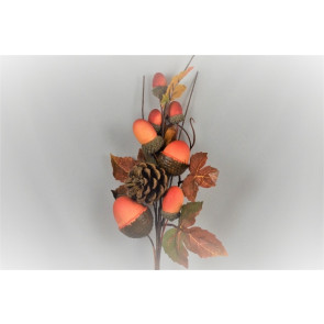 22090 - Autumn Halloween display of Golden leaves and bright acorn nuts and pine cones  - floral pick display.  Measures  Height 310mm ,   Width  140mm 