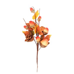 22090 - Autumn Halloween display of Golden leaves and bright acorn nuts and pine cones  - floral pick display.  Measures  Height 310mm ,   Width  140mm 