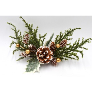 22092 -  A wintery collection of branches , snow covered pine cones and golden baubles.  Height 140mm  ,   Width  220mm   (Approx)