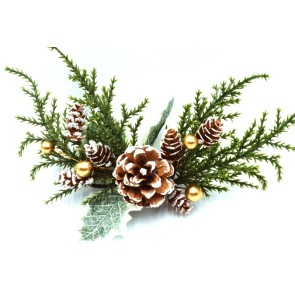 22092 -  A wintery collection of branches , snow covered pine cones and golden baubles.  Height 140mm  ,   Width  220mm   (Approx)