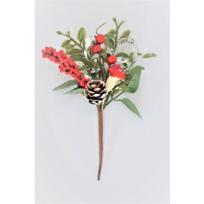 22095 - A lovely arrangement of frosted leaves, bright red berries and toadstools and pine cones deco pick.  Size :  Height 150mm  x  Width  100mm