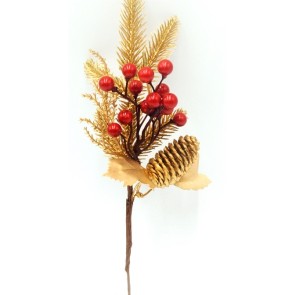 22097 - Golden pine needles and cone with a golden leaf, embellished with bright red berries deco pick.  Size :  Height 270mm  x  Width  140mm