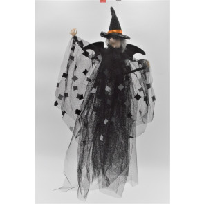 22100A - Wicked Witch Halloween hanging decoration with a black mesh printed shawl. Height 40cms , Width  25cms  (Approx) 