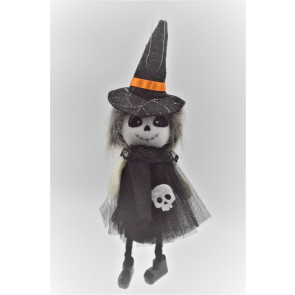 22104 - Small Halloween Witch hanging decoration with a Black sheer mesh shawl.   Height 21cms , Width  10cms  (Approx) 