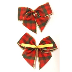 31176 - 40mm Hand tied Red and Green check Gold wired edge ribbon bow with a gold twist tie  (2 pieces in a pack)