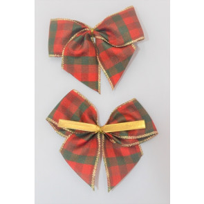 31176 - 40mm Hand tied Red and Green check Gold wired edge ribbon bow with a gold twist tie  (2 pieces in a pack)