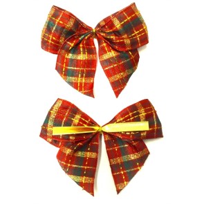 31177 - 40mm Hand tied Red , Green and Gold check wired edge ribbon bow with a gold twist tie  (2 pieces in a pack)